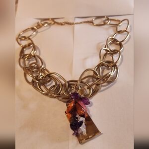 IMAN CN Heavy Gold Tone Amethyst Gemstone Lucite Beads Necklace